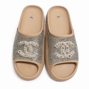 Beige Crystal-Embellished Slide Sandals